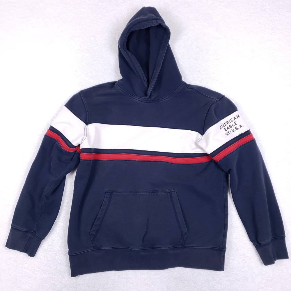 American Eagle Hoodie XL Colorblock Pullover Navy Blue Striped Athletic